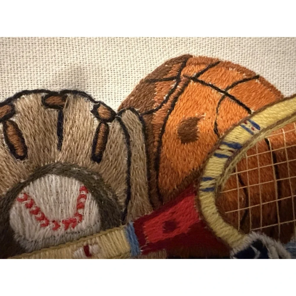 Vintage Crewel Embroidery Sports Wall Art Football Baseball Tennis Framed